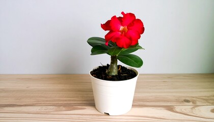 A vibrant red flower blossoms atop green leaves in a small white pot, resting on a wooden surface, with a plain gray backdrop