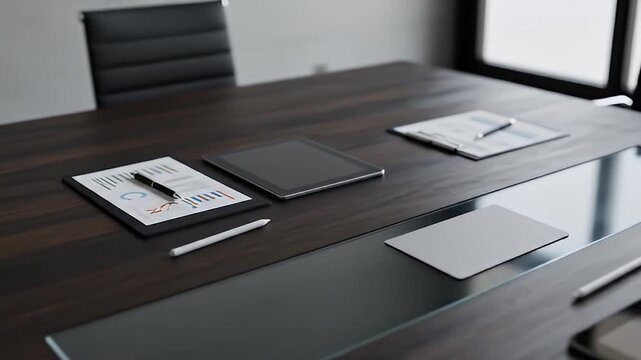 Business meeting setting featuring a dark wood table and electronics