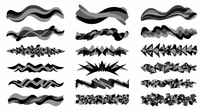 Una collezione versatile di pennellate astratte e linee decorative in bianco e nero, perfette per aggiungere stile e dinamismo a qualsiasi progetto grafico.