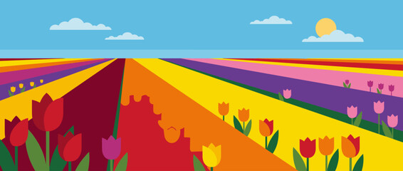 Flat Vector Illustration of a Vibrant Spring Tulip Field Stretching to the Horizon under a Clear Blue Sky with Sun and Clouds, Colorful Flower Rows in Red, Yellow, Orange, and Purple, Nature Scene