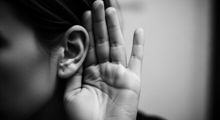 Close up of a persons ear and hand listening intently.