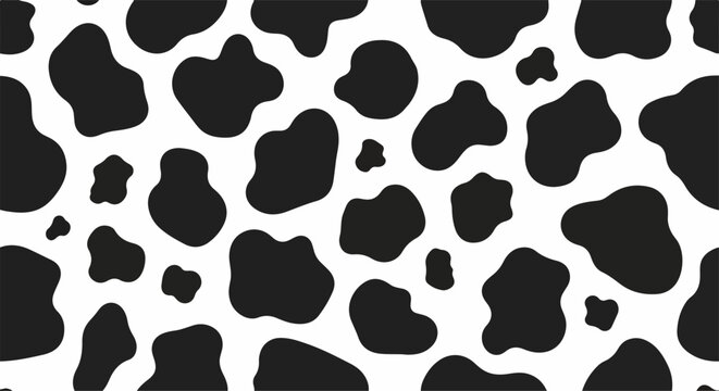 Un motivo senza cuciture distintivo con macchie di mucca in bianco e nero, ideale per sfondi, design tessili e progetti creativi.