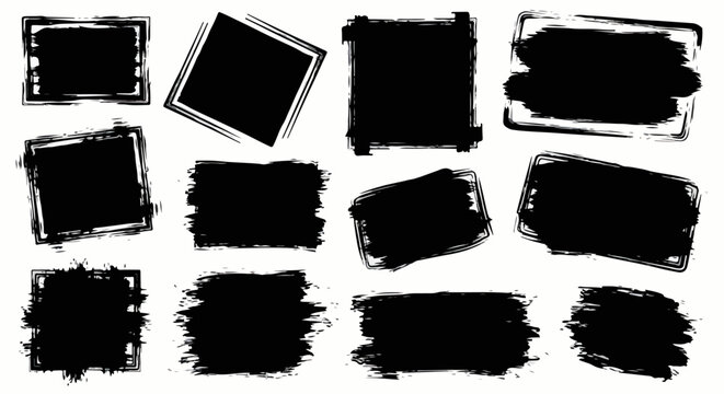 Collezione di cornici e pennellate nere grunge, texture distressed, ideali per elementi di design grafico e sfondi astratti.