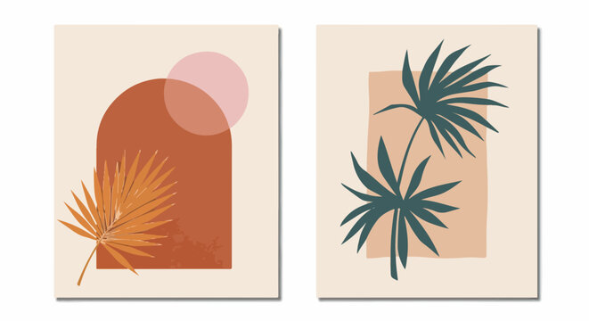 Due stampe d'arte astratte in stile boho con foglie di palma e forme geometriche in colori terrosi per una decorazione murale moderna.