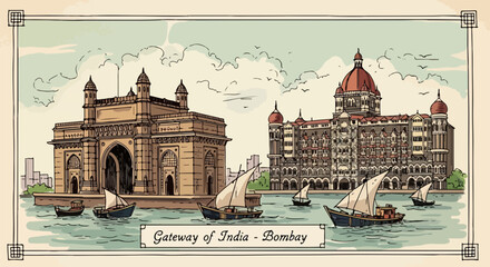 Obraz premium Ręcznie rysowana ilustracja vintage przedstawiająca Bramę Indii i Hotel Tadż Mahal Palace w Mumbaju z tradycyjnymi łodziami na zatoce.