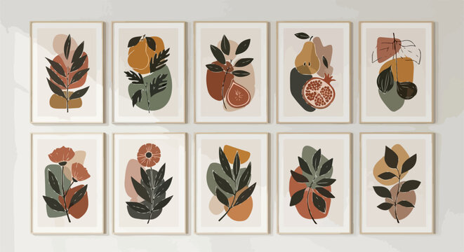 Set di dieci quadri astratti con stampe botaniche e frutta stilizzata in colori terra, perfetti per un arredamento moderno e boho chic.