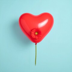 A vibrant red heart-shaped balloon, a red flower delicately attached, floats against a light blue backdrop. A simple and romantic image