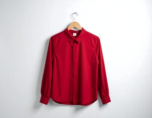 A vibrant red, long-sleeved button-down shirt hangs on a wooden hanger against a clean white background. Perfect for styling