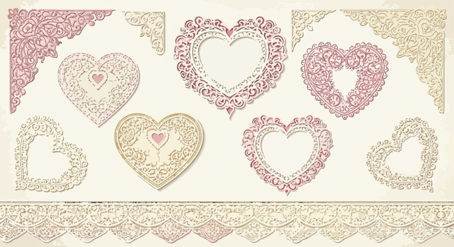 Eleganckie koronkowe serca w stylu vintage, dekoracyjne narożniki i obramowania w delikatnym r&oacute;żu i beżu do romantycznych projekt&oacute;w.