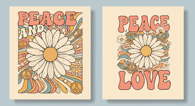 Dwa retro plakaty z lat 70. w stylu hipisowskim, przedstawiające stokrotki, symbole pokoju oraz napisy &bdquo;Peace and Love&rdquo; w pastelowych kolorach.
