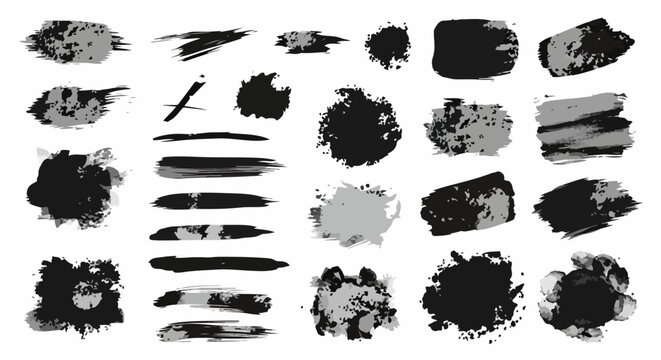 Kolekcja czarnych i szarych pociągnięć pędzla, plam atramentu i tekstur grunge, idealna do projekt&oacute;w graficznych.
