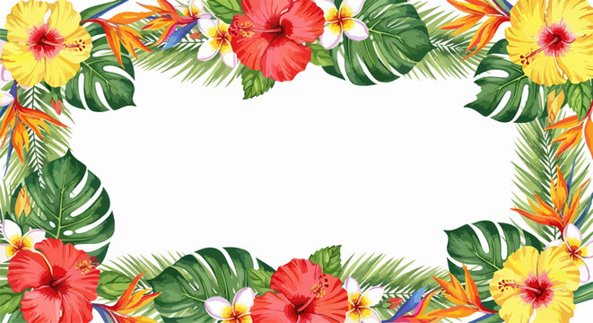 Akwarelowa ramka z egzotycznymi kwiatami hibiskusa, plumerii i liśćmi monstery, idealna na letnie zaproszenia i dekoracje.