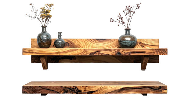 Two floating wood shelves hold decorative items on a stark, isolating black background