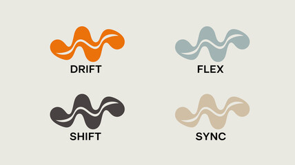 This image displays four abstract wave like logos labeled drift flex shift and sync each with distinct color schemes high quality professional detailed modern elegant stylish © MdRafiqul