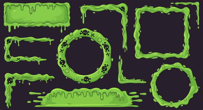 ドロドロと垂れる緑色のスライムや毒々しい頭蓋骨のシンボルで飾られた、不気味な漫画風のフレームとボーダーのセット。
