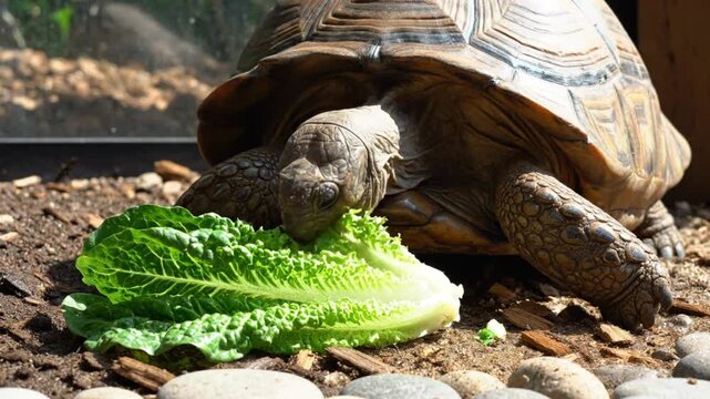 Close-up of a tortoise devouring a vibrant green romaine lettuce leaf with chewing and eating sounds