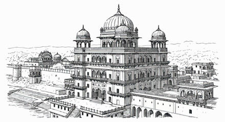 Obraz premium 歴史的なインドの宮殿建築を描いた、精巧なドームと細部が特徴の白黒線画イラスト。伝統的な様式美を伝える壮麗な建造物で、文化遺産としての価値を示す。