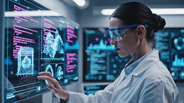 A focused female scientist utilizing advanced holographic displays to meticulously analyze complex scientific data in a cutting-edge research laboratory, driving innovation