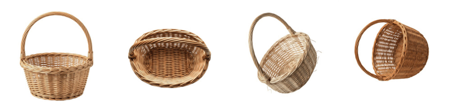 Wicker Basket Set Isolated On White Background PNG Transparent Round Rattan Picnic Baskets With Handles Empty Weave Storage Container Elements Collection