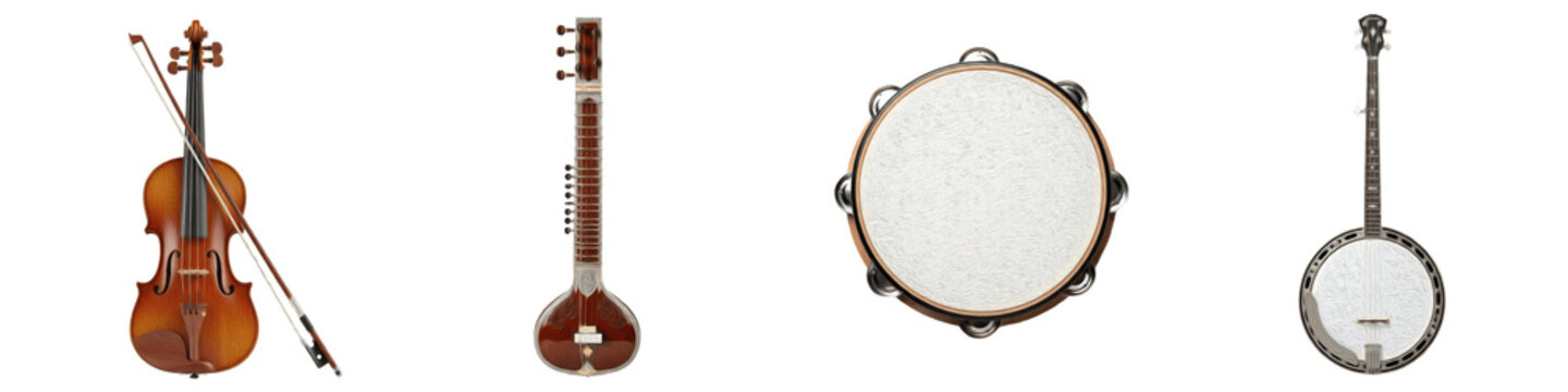 Musical Instruments Set Isolated On White Background PNG Transparent Violin Sitar Tambourine Banjo Classical Folk String And Percussion Music Elements