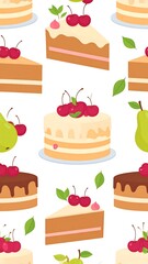 A vibrant repeat pattern featuring varied cake slices, whole cakes, cherries, pears, and leaves set against a white backdrop