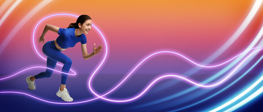 Sporty woman running on colorful background, banner design. Bright neon lines around her symbolizing energy and motion