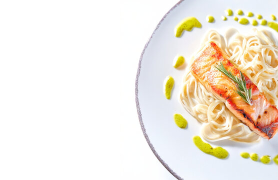Grilled Salmon with Pasta Spaghetti on Elegant White Plate