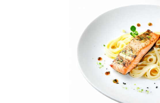 Grilled Salmon with Pasta Spaghetti on Elegant White Plate