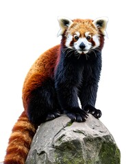 A vibrant, reddish-brown and black-furred animal perches atop a gray stone, set against a pristine white background. It gazes forward