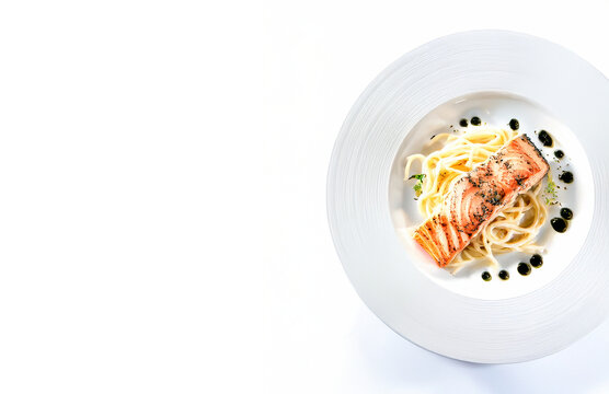 Grilled Salmon with Pasta Spaghetti on Elegant White Plate