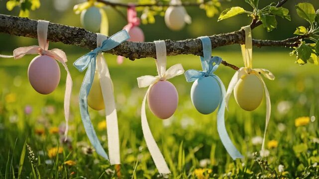 Beautiful pastel Easter eggs hanging from a tree branch, gently swaying in spring sunlight