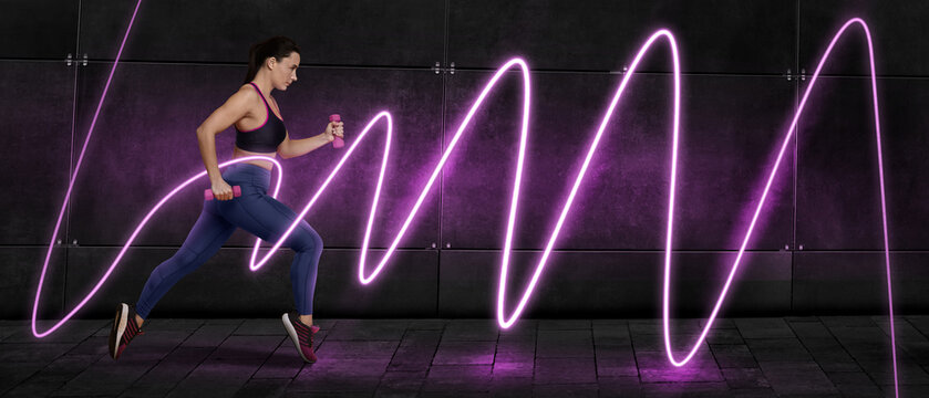 Young sporty woman training with dumbbells outdoors, banner design. Bright neon line symbolizing energy and motion