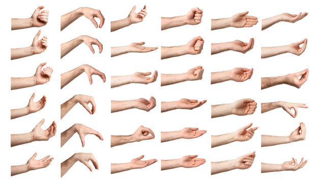 Men holding something, closeup. Set of hand gestures isolated on white
