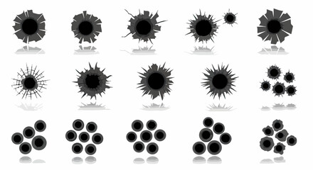 白い背景に銃弾の衝撃でガラスがひび割れた弾痕のベクターイラストセット。様々な形状の穴と破片がリアルに表現されています。
