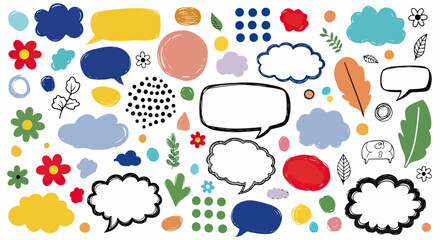 カラフルな手描きの吹き出し、雲、花、葉、ドット、抽象的な形が散りばめられた、子供のようなクリエイティブなデザイン要素のセット。メッセージや装飾に最適。