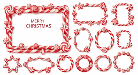 メリークリスマスをテーマにした、赤と白のストライプ模様が特徴のキャンディケインとペパーミントキャンディで装飾された、様々な形状のフレームとボーダーのセット。