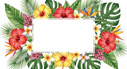鮮やかなハイビスカス、プルメリア、モンステラなどの熱帯の花と葉が白いフレームを飾る、夏のバナーやメッセージボードにぴったりの水彩風イラスト背景。