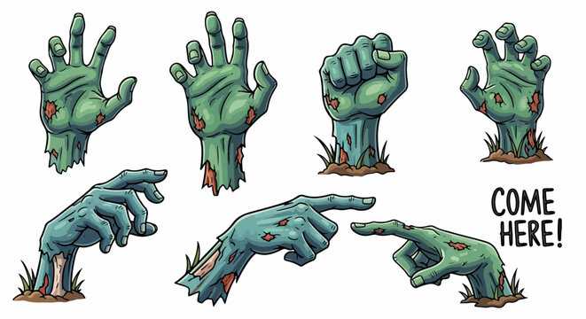 ハロウィンのテーマにぴったりの、地面から不気味に現れる様々なポーズのゾンビの手のイラストセット。恐怖とユーモアを表現するデザイン素材です。
