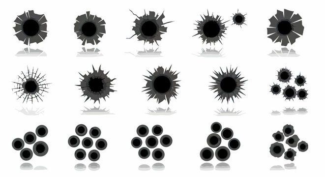 白い背景に銃弾の衝撃でガラスがひび割れた弾痕のベクターイラストセット。様々な形状の穴と破片がリアルに表現されています。