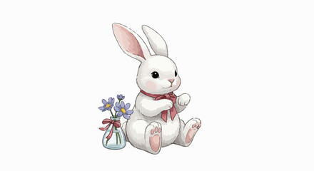 白いウサギが赤いリボンをつけ、小さな花瓶に入った紫の花の隣に座っている、可愛らしく優しい雰囲気のイラストレーション。