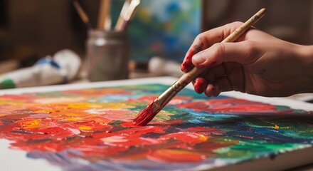 Obraz premium An artist uses a paintbrush to create a colorful abstract painting on canvas