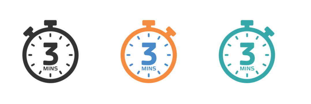 3 Minutes Timer icon, vector countdown and stopwatch illustration representing short time duration, isolated on white background, perfect for apps, websites, infographics, productivity tools, and digi