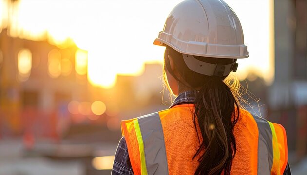 Back View of Construction Worker Wearing Safety Helmet and Reflective Vest at Building Site