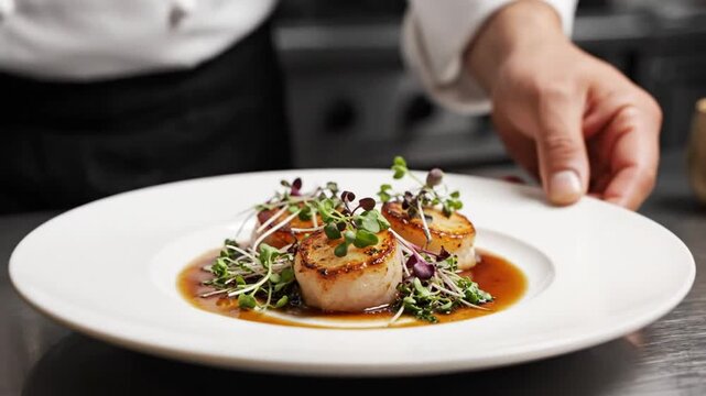 Chef carefully arranging microgreens on seared scallops with a rich sauce for a gourmet plate