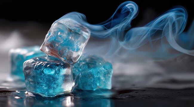 Several blue ice cubes with visible fog or smoke surrounding them on a dark surface. Refreshing and cooling concept for summer drinks.