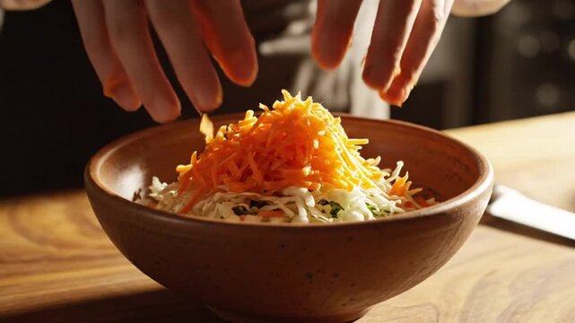 Chef adding freshly grated carrots to a wooden bowl of coleslaw ingredients, preparing a salad