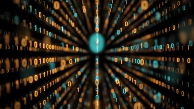 Abstract digital data stream featuring binary code in glowing orange and teal colors against a black background with a sense of motion and perspective.