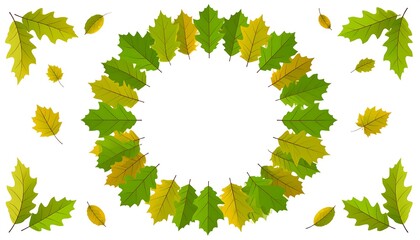 A vibrant ring of green and yellow oak leaves forms a circle, with scattered leaves around edges. A clean, simple image