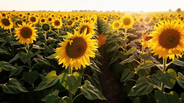 Bright golden sunflower field at golden hour swaying in a gentle summer breeze with rows of sunlight