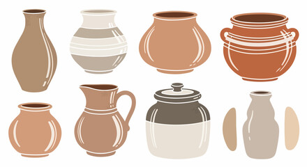 白い背景に、素朴な色合いと多様な形状を持つ手作りの陶器やセラミック製の壺、花瓶、ピッチャーのイラストセット。